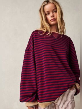 Free People Red and Navy Striped Oversized Sweatshirt